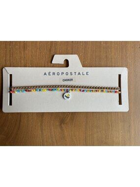 Aeropostale Choker Set Of 2 Gold Tone Chain & Smiley Face Happy Beaded Necklace